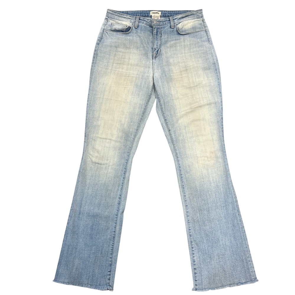 L'AGENCE Straight Leg Jeans 31" Light Wash High-Rise Raw Hem Stretch Boho STAINS